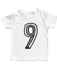 White tee with black screen print of a number 9.