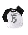 Baseball tee white with black sleeves screen printed with black number 6.