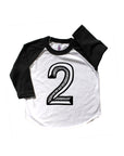 Baseball tee white with black sleeves screen printed with black number 2.