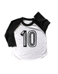 Baseball tee white with black sleeves screen printed with black number 10.