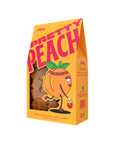 Stylish package featuring cartoon peach character on skates with a purse. Bold text reads "Pretty Peach." Bright, playful tone with peach treats visible.