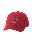 Red baseball hat with light blue embroidered smiley face.