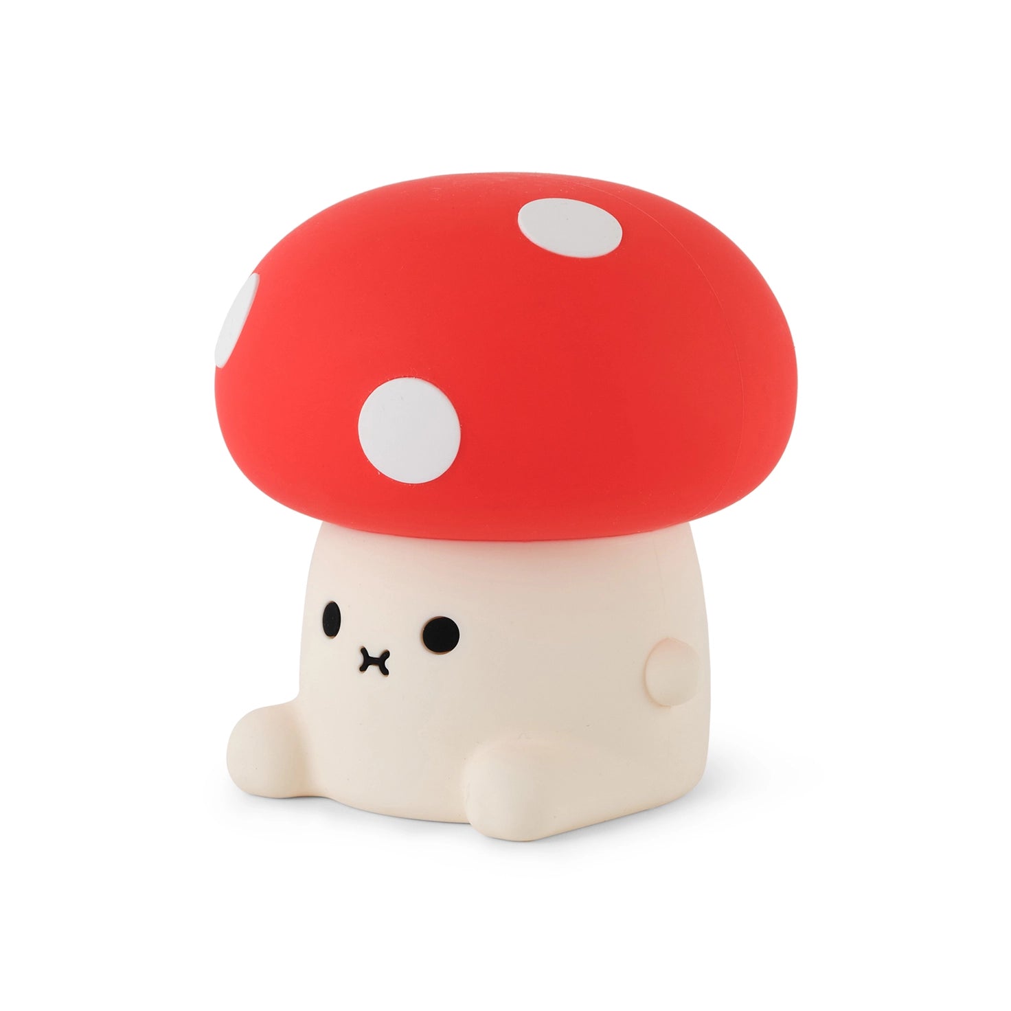 Mushroom shaped night light with cute face and red cap and white spots.