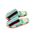 Pair of blue and magenta striped slippers.