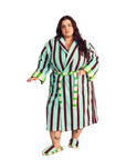 Woman wearing a teal and maroon stripe robe.