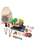 Wood hot pot set including meat vegetables utensils pot and burner with carry bag.
