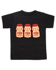 Black tee screen printed with three red and yellow yakult yogurt bottles with smiley faces.