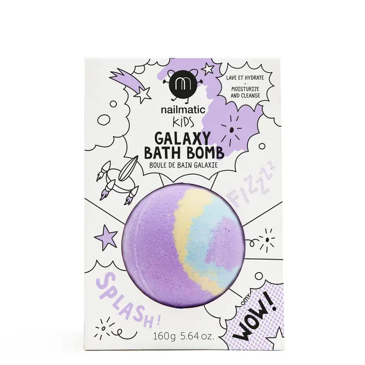 A bath bomb with multicolored patterns presented in packaging designed for children, labeled 'Nailmatic Kids Galaxy Bath Bomb'.