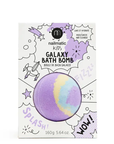 A bath bomb with multicolored patterns presented in packaging designed for children, labeled 'Nailmatic Kids Galaxy Bath Bomb'.