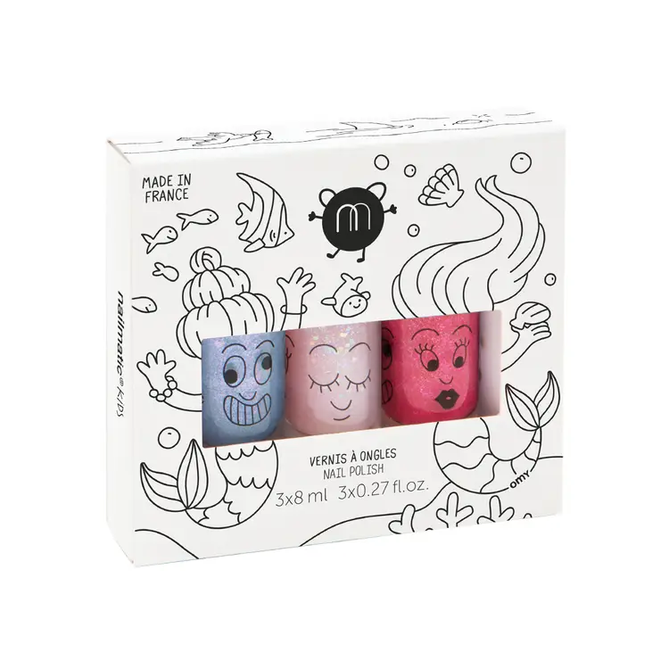 A set of three nail polish bottles packaged in a box, each bottle with a cute character design. The nail polish colors are blue, pink, and purple, and the box is decorated with mermaid-themed illustrations.