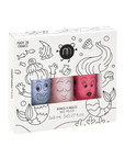 A set of three nail polish bottles packaged in a box, each bottle with a cute character design. The nail polish colors are blue, pink, and purple, and the box is decorated with mermaid-themed illustrations.