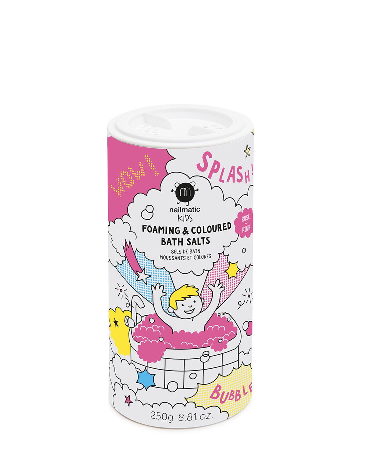 A cylindrical container of Pink Nailmatic Kids Foaming Bath Salts with colorful playful graphics depicting children bathing and bubbles.