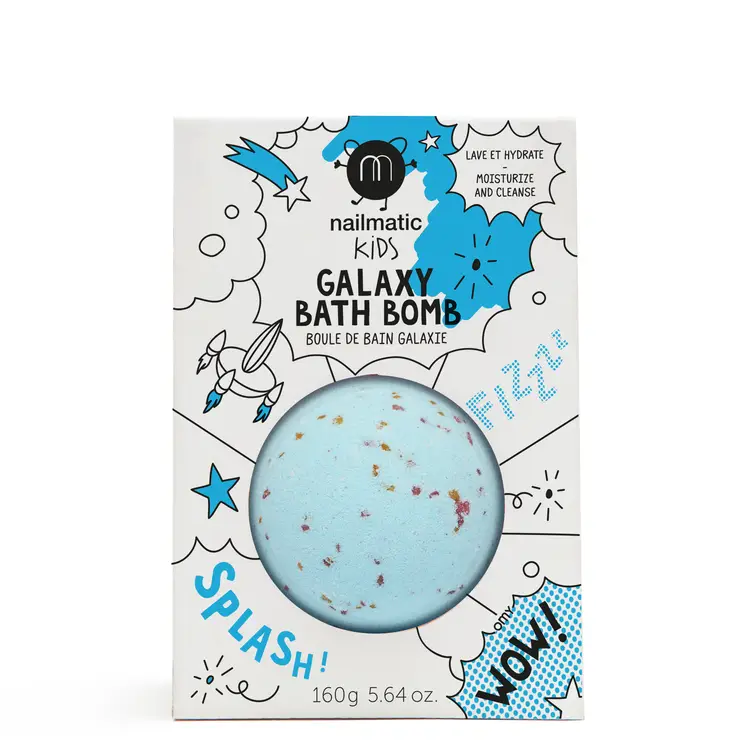 A teal bath bomb with dried petals presented in packaging designed for children, labeled 'Nailmatic Kids Galaxy Bath Bomb'.