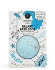 A teal bath bomb with dried petals presented in packaging designed for children, labeled 'Nailmatic Kids Galaxy Bath Bomb'.