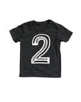 Black tee screen printed with white number 2.