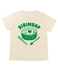 White tee screen printed in green ink text BIBIMBAP above pot of smiling bibimbap, chopsticks, and a spoon.