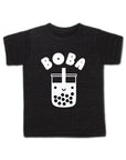 Black tee with screen printed white ink text BOBA above a smiling glass of boba.