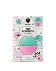 Packaging of twin bath bombs by Nailmatic, featuring one pink and one teal bath bomb, with playful character illustrations and product information.