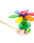 Colorful wooden toy with a stick and multicolored flower petals on a white background