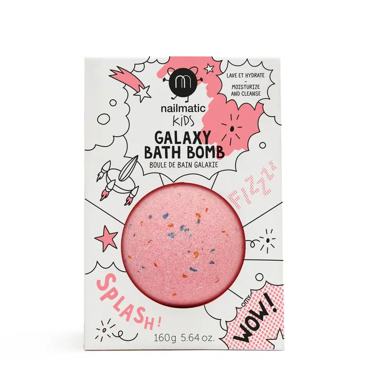 A peach bath bomb with dried flowers presented in packaging designed for children, labeled 'Nailmatic Kids Galaxy Bath Bomb'.