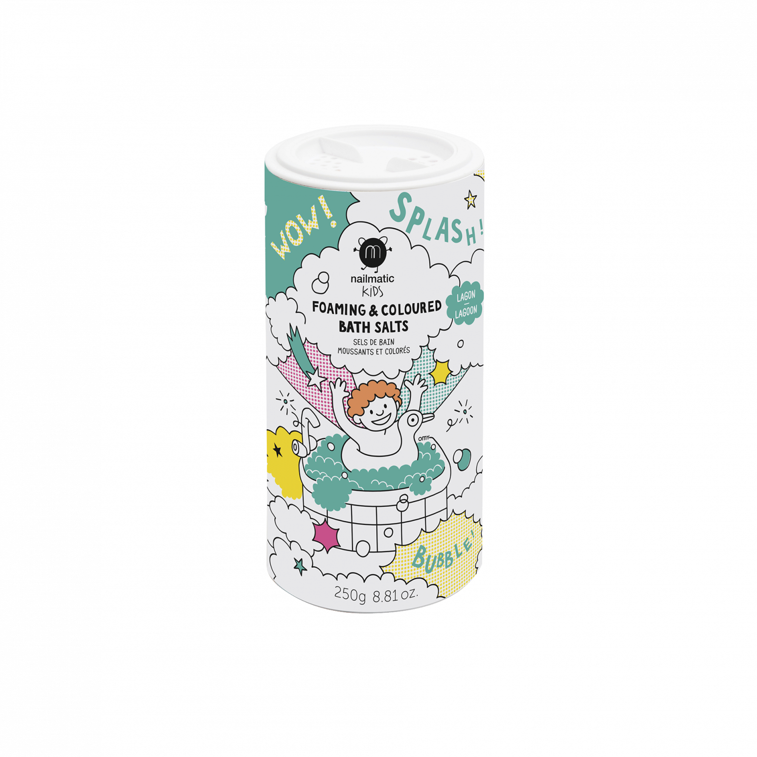 A cylindrical container of Lagoon Nailmatic Kids Foaming Bath Salts with colorful playful graphics depicting children bathing and bubbles.