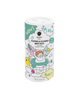 A cylindrical container of Lagoon Nailmatic Kids Foaming Bath Salts with colorful playful graphics depicting children bathing and bubbles.