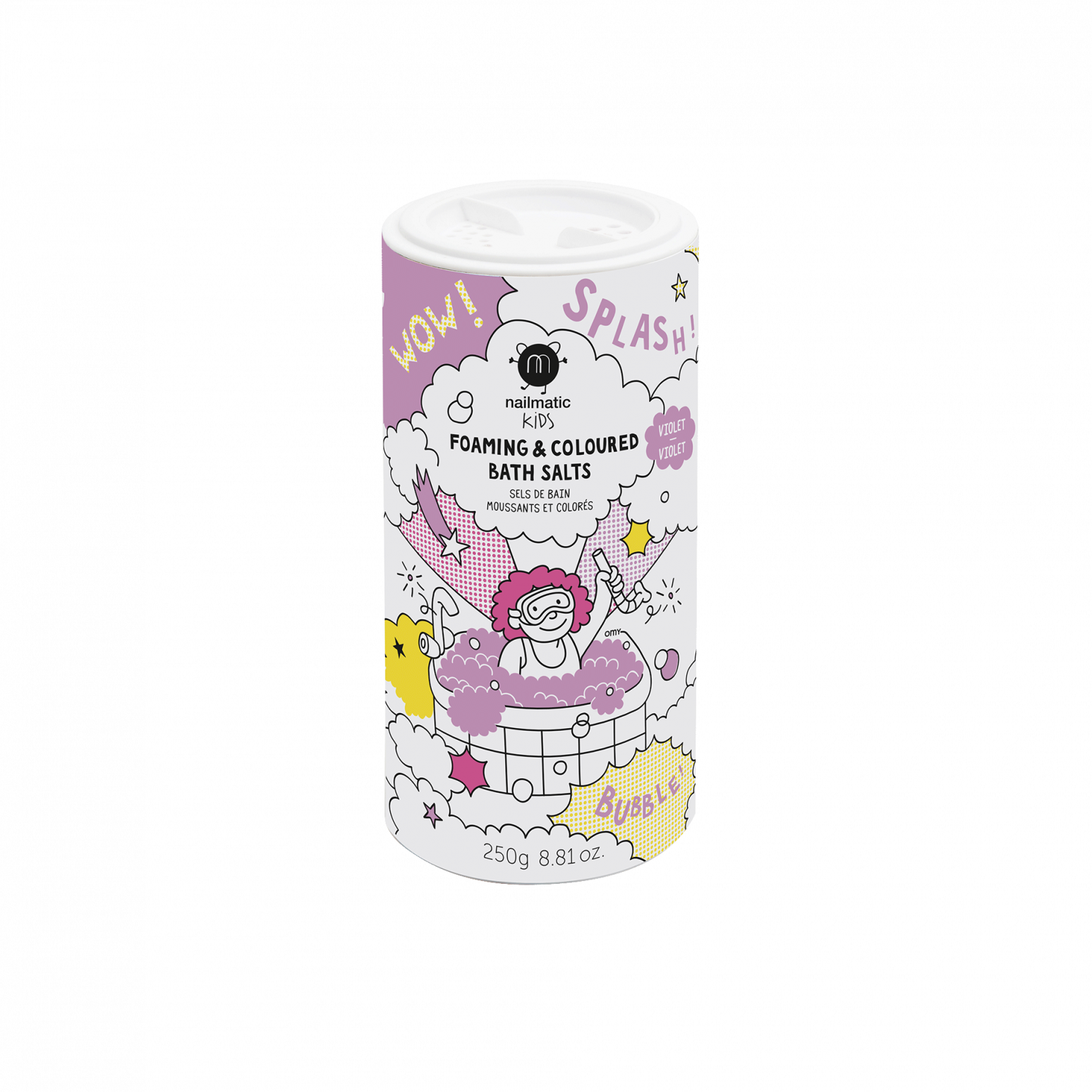 A cylindrical container of Violet Nailmatic Kids Foaming Bath Salts with colorful playful graphics depicting children bathing and bubbles.