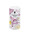 A cylindrical container of Violet Nailmatic Kids Foaming Bath Salts with colorful playful graphics depicting children bathing and bubbles.