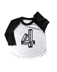 Baseball tee white with black sleeves screen printed with black number 4.