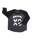 Grey baseball tee with black sleeves printed with white text ONIGIRI above four smiling onigiri.