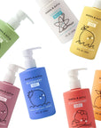 A rainbow array of bottles of shower gel.