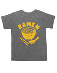 Grey tee screen printed with yellow ink text RAMEN above a smiling bowl of ramen with chopsticks, and soup spoon.