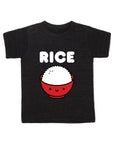 Black tee screen printed with white ink text RICE above a red smiling bowl full of white rice.