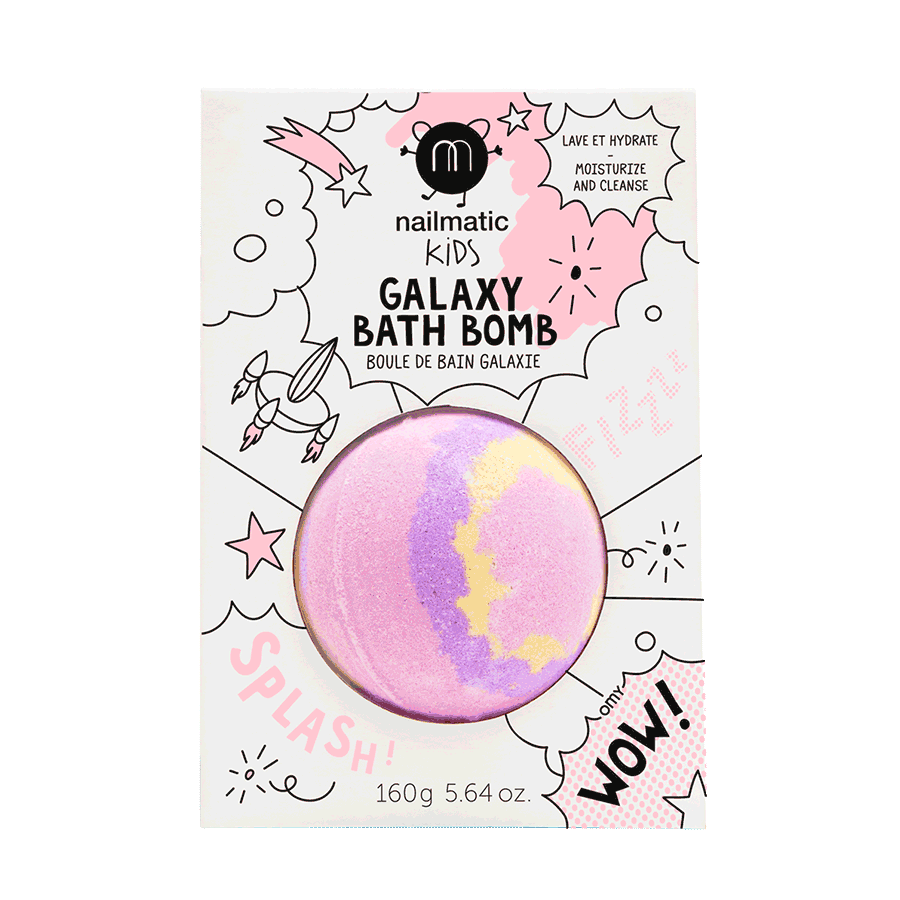 A pink bath bomb with multicolored patterns presented in packaging designed for children, labeled 'Nailmatic Kids Galaxy Bath Bomb'.