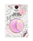 A pink bath bomb with multicolored patterns presented in packaging designed for children, labeled 'Nailmatic Kids Galaxy Bath Bomb'.
