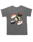 Grey tee screen printed with five pieces of sushi colored white, black, red, and yellow.