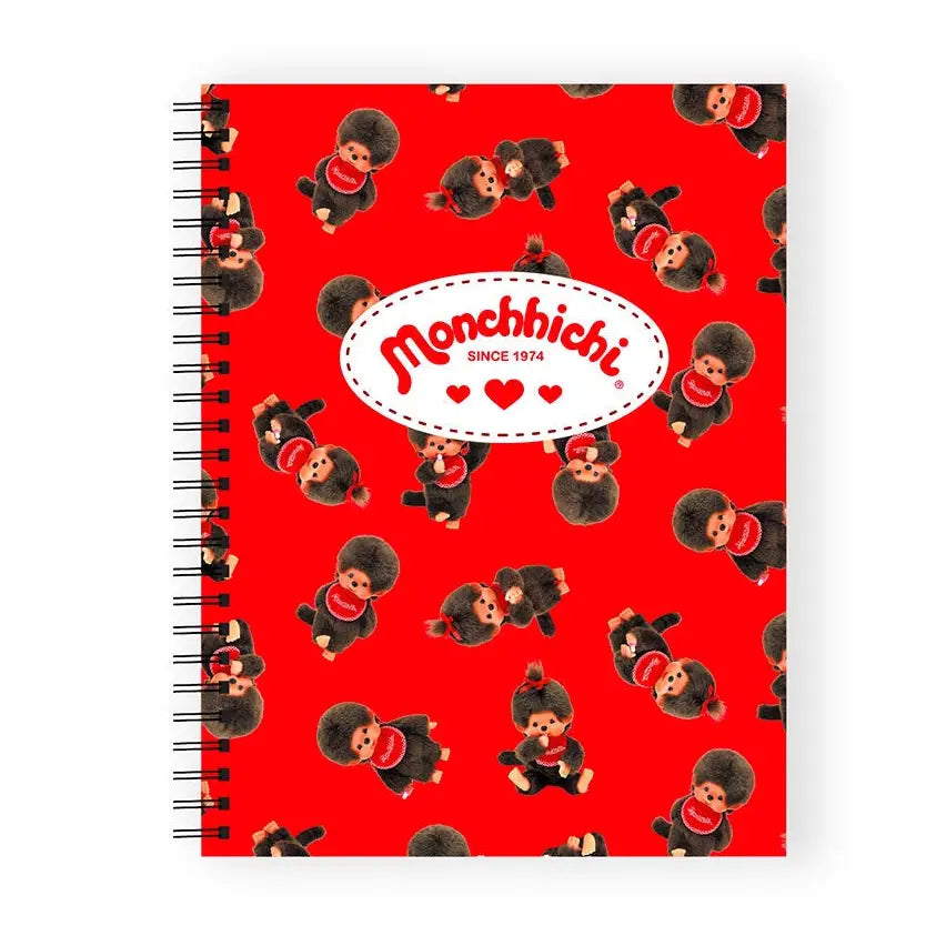 Notebook with Monchhichi character pattern on a red background
