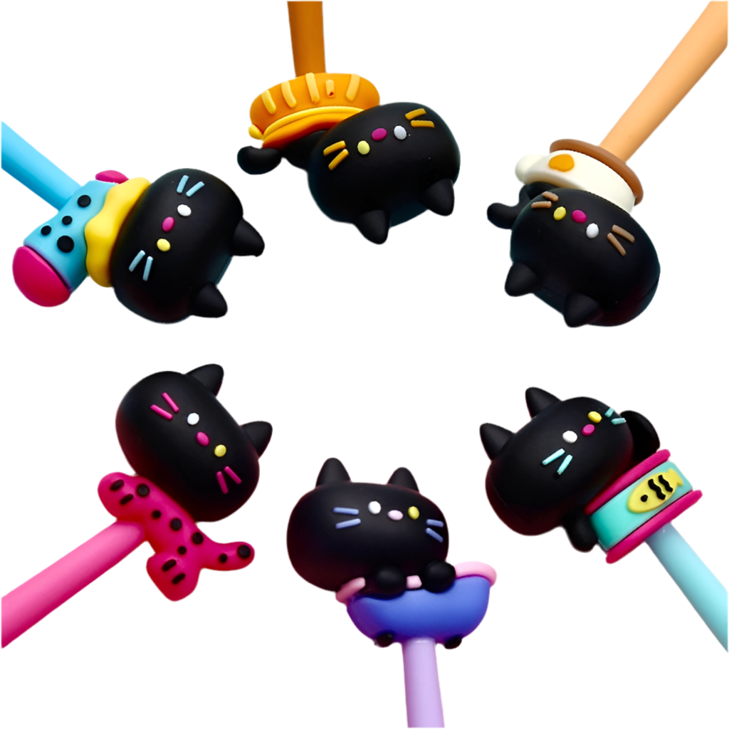 A collection of gel pens with cat-shaped, featuring various colorful pen bodies and cat erasers in black with different facial expressions and accessories.