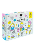 Packaging of the Soap Maker by Nailmatic, depicting a white box with illustrations of children and various colorful bath items like soap shapes and bubbles.