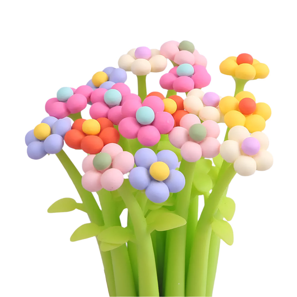 Colorful flower-shaped pens on a white background
