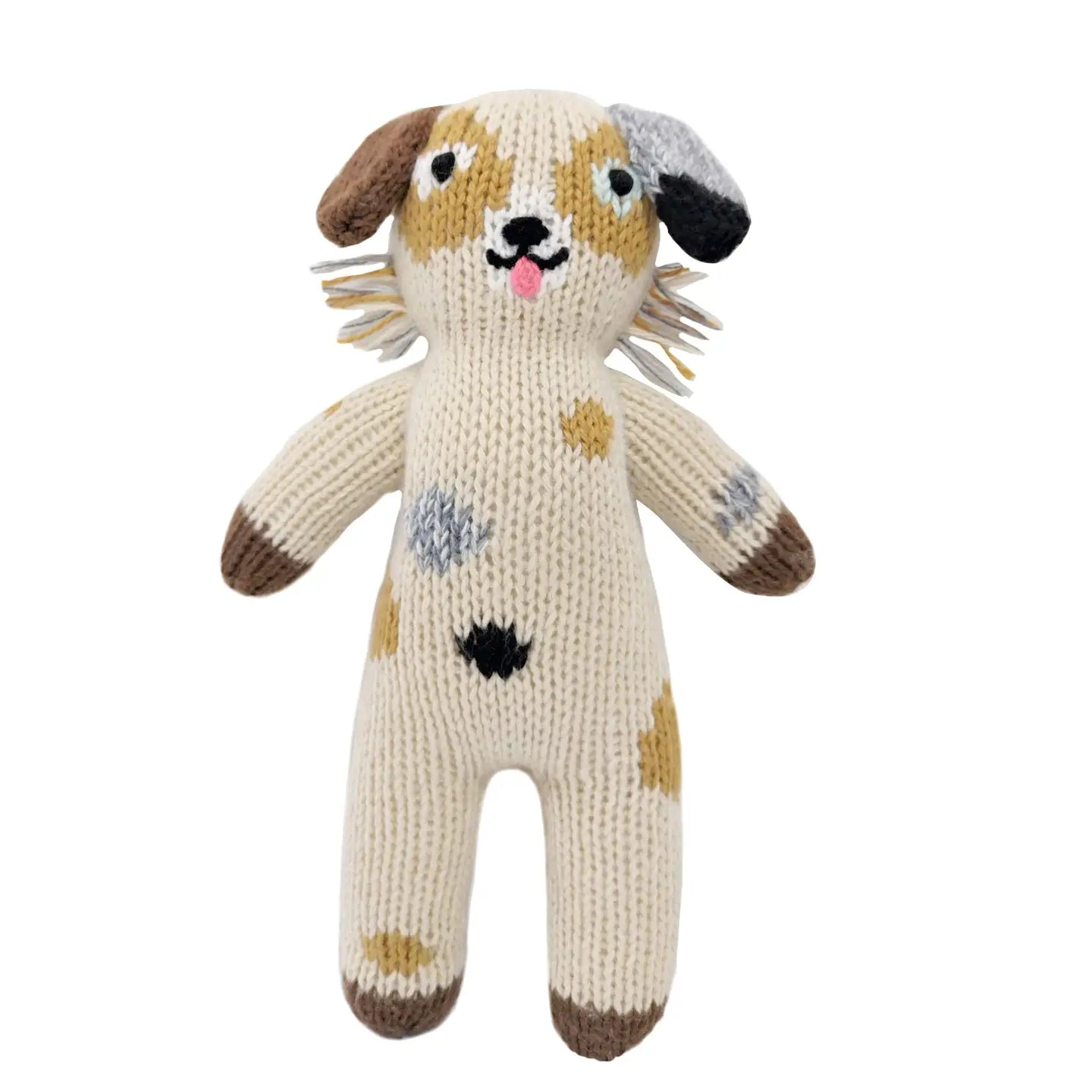 A beige, brown, black, and white knit plush dog toy with a simple design and stitching details.