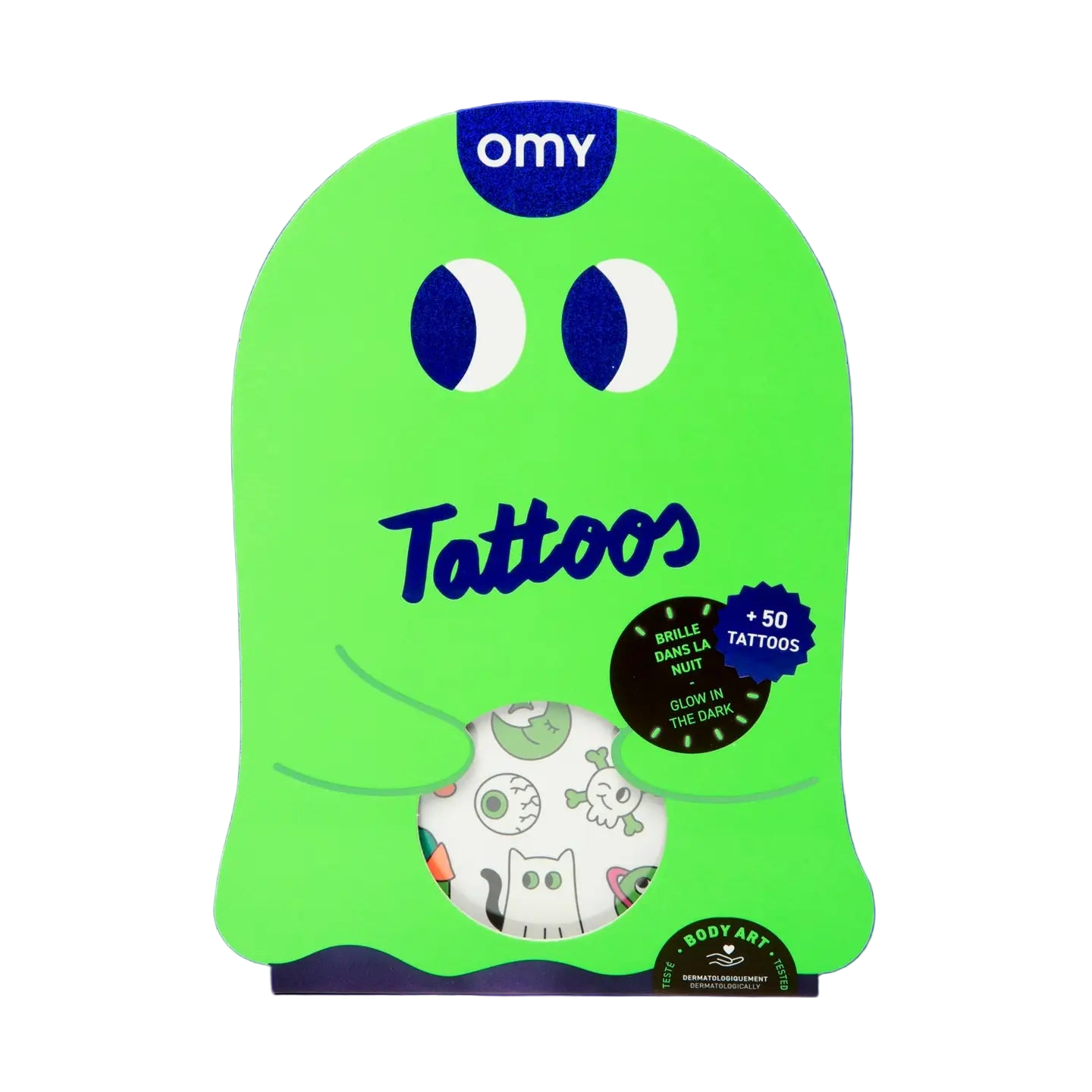 Neon green ghost packaging of OMY Glow in the Dark Halloween tattoos 