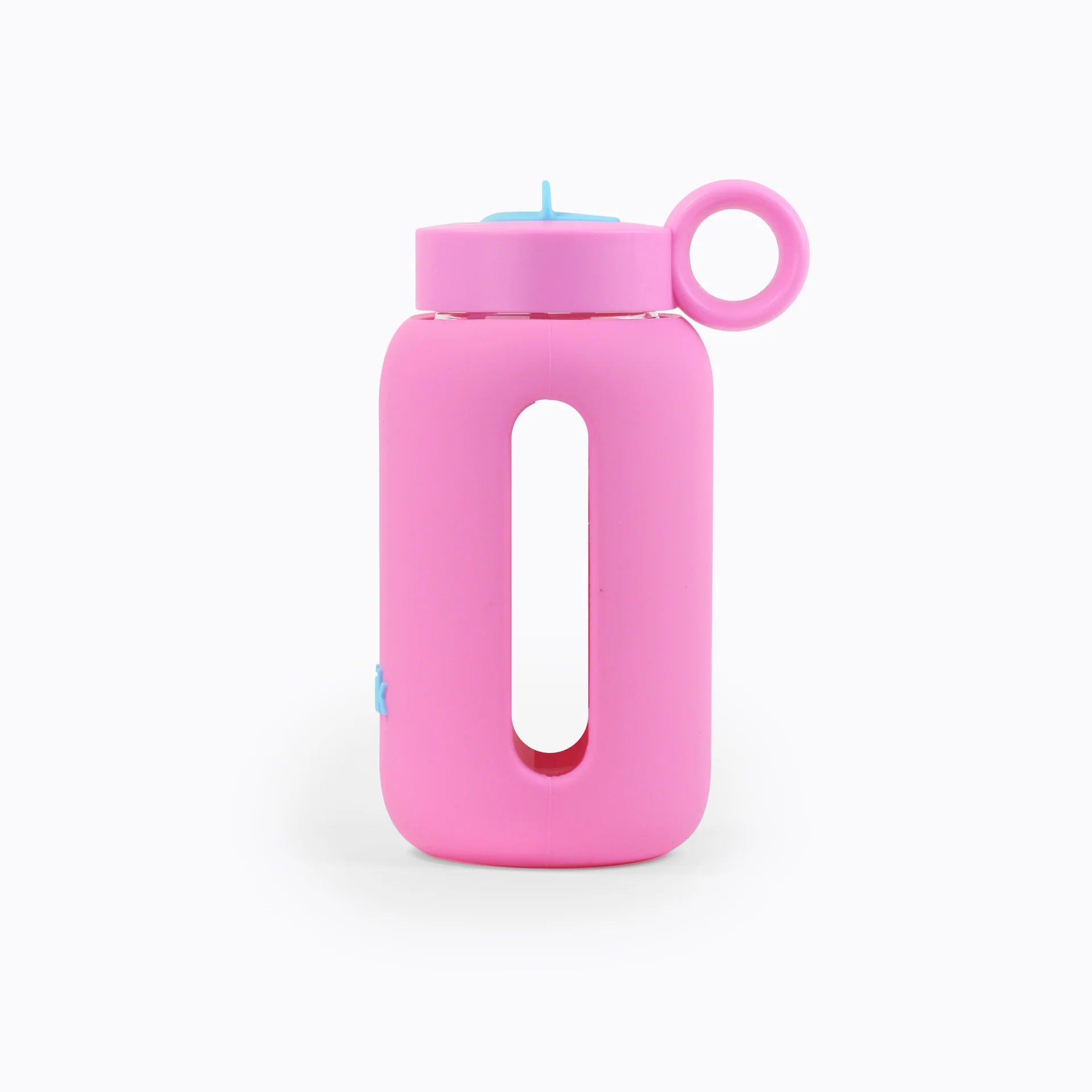 Glass water bottle with a protective silicone sleeve and screw on cap in pink.