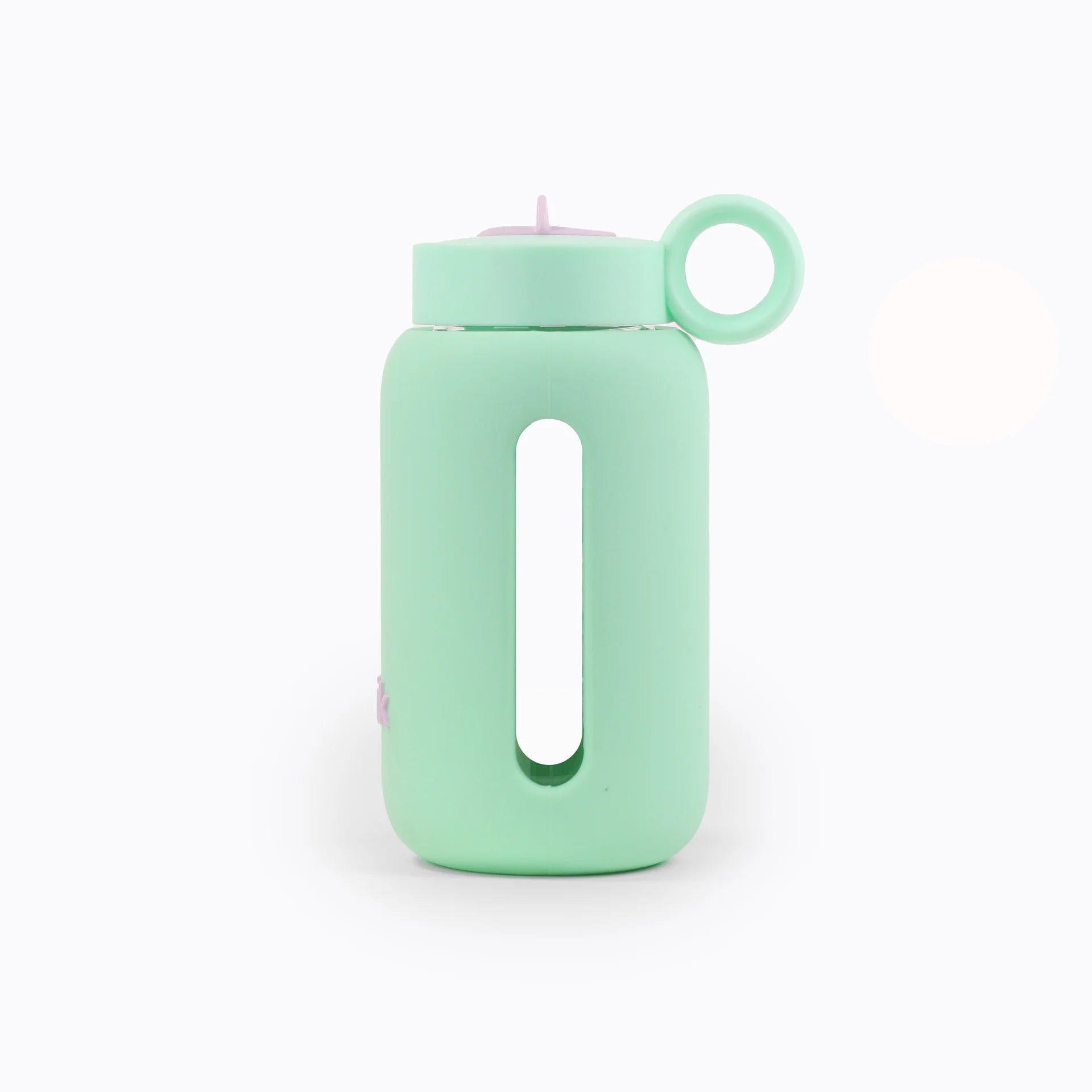 Glass water bottle with a protective silicone sleeve and screw on cap sea foam green.