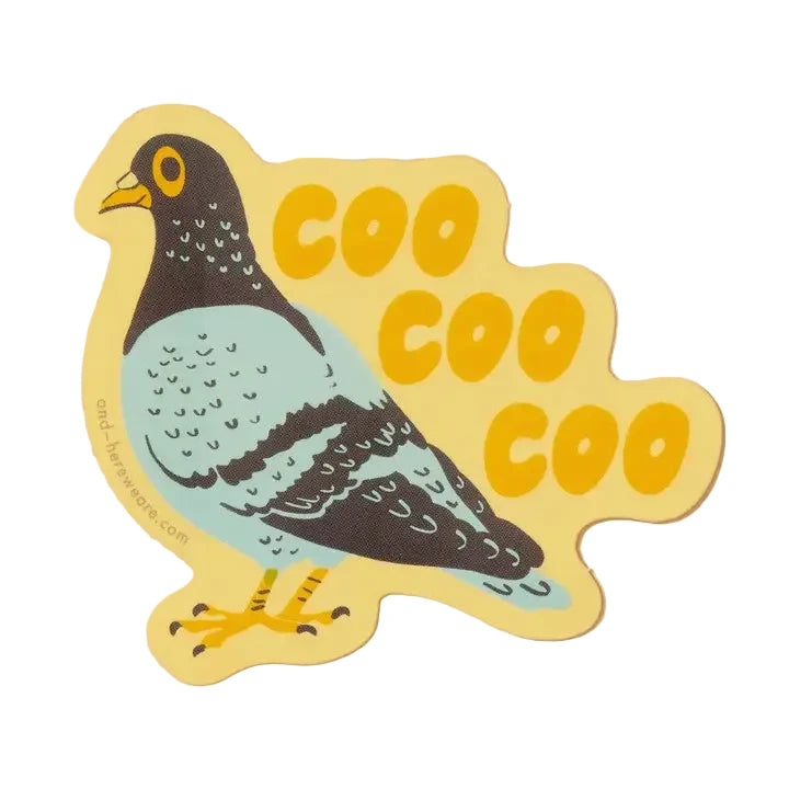 A die-cut sticker featuring a stylized pigeon illustration with the word 'COO' repeated in yellow letters, shown on a solid peach background.