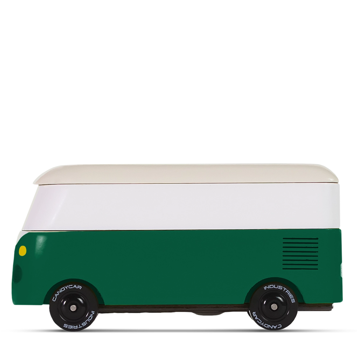 Green and white vehicle-shaped cooler on a white background