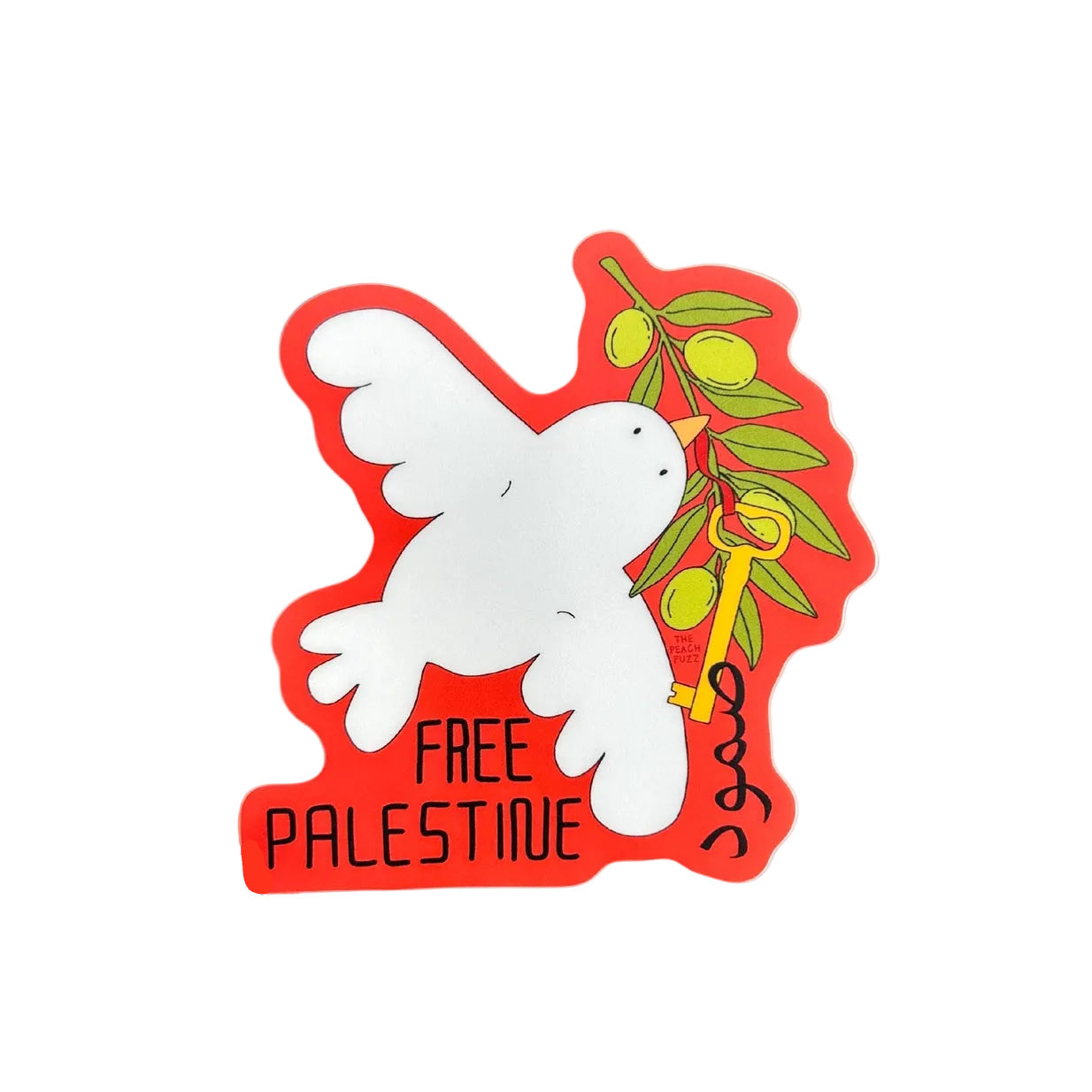 Sticker with a dove and olive branch on a red background, with black text reading "Free Palestine". 