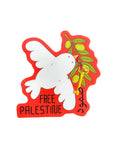 Sticker with a dove and olive branch on a red background, with black text reading "Free Palestine". 