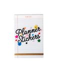 Notebook with 'Planner Stickers' text and colorful designs on a white background