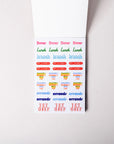White paper with sticker text and logos on a white background